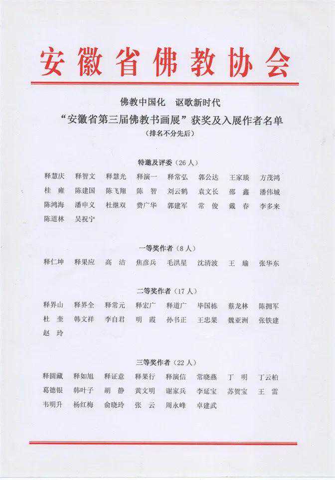 安徽省第三届佛教书画展获奖及入展作者名单