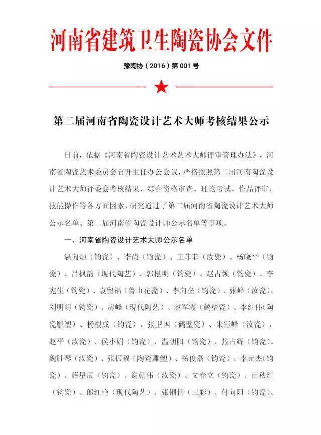 第二届河南省陶瓷设计艺术大师考核结果公示